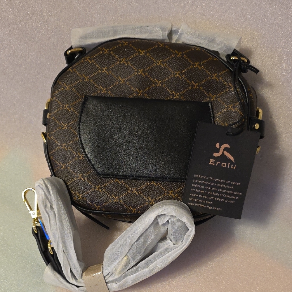 Eralu Brown Monogram Round Crossbody Bag with Black Trim